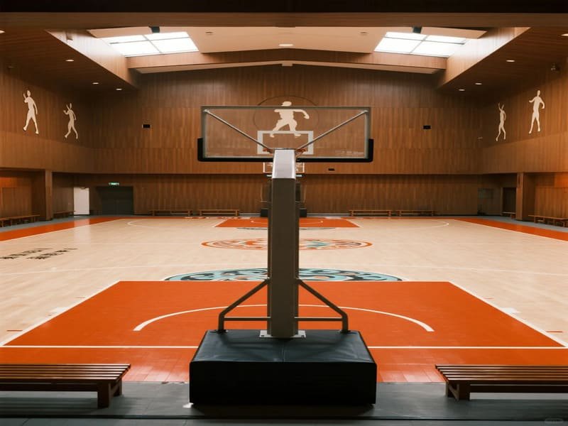 Vista transversal de las capas de vinilo deportivo de PVC frente al sistema de madera dura